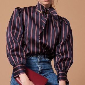(SOLD) Sandro Paris crop style top/ blouse with bow at neck and puff sleeves